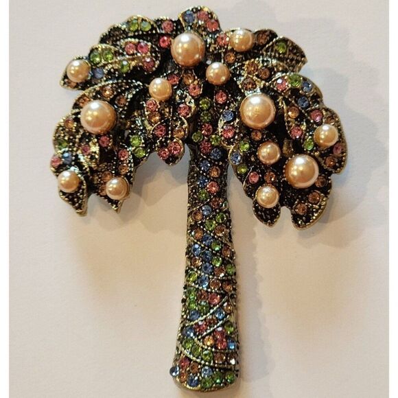 Jewelry | Palm Tree Brooch Faux Pearl And Rhinestone Fun Dramatic ...